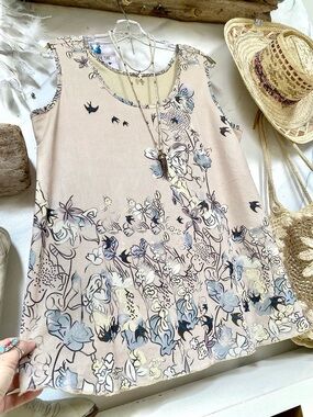 Swallow bird & floral  prairie country vibe boho blouse w shabby chic feel